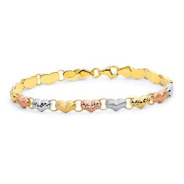6 Wellingsale 14k Tri 3 Color Gold Polished 3mm Heart ID Figaro Bracelet with Lobster Claw Clasp 